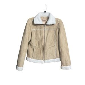 Y2K Aeropostale Tan Faux Suede Sherpa Trim Zip Jacket,2000s Cozy Shearling Style